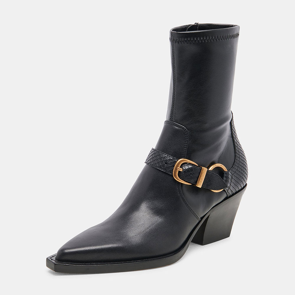 Black Pointed Toe Chunky Heel Buckled Snake Embossed Strap Ankle Boots Nicepairs