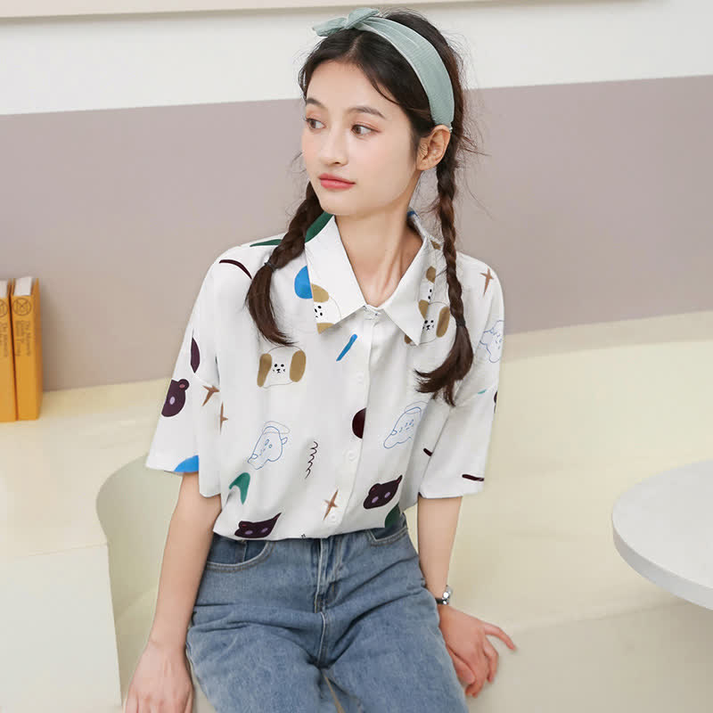 Cartoon Bear Print Lapel Casual T-Shirt