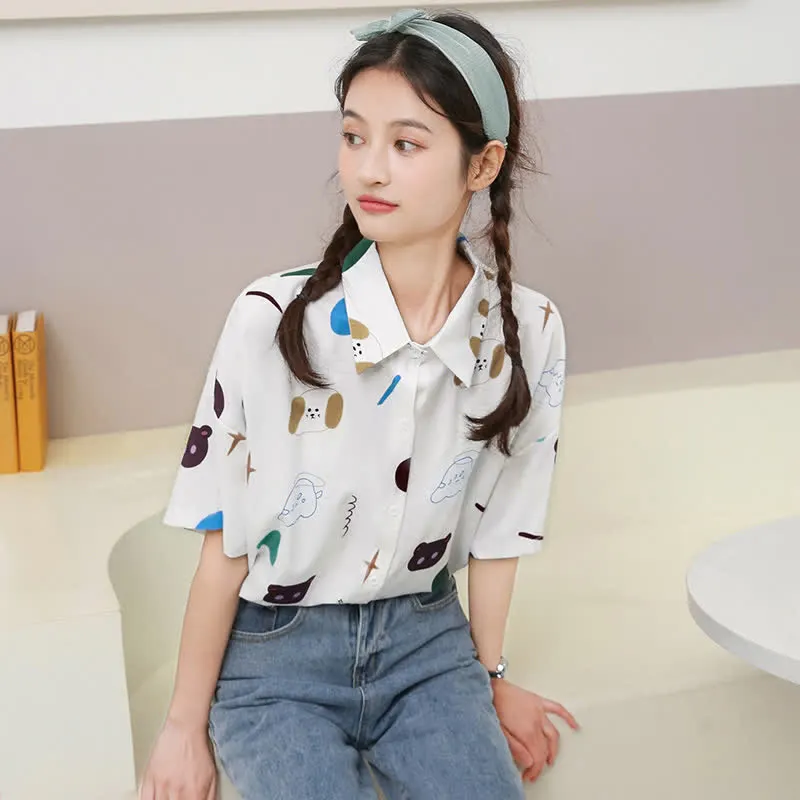 Cartoon Bear Print Lapel Casual T-Shirt