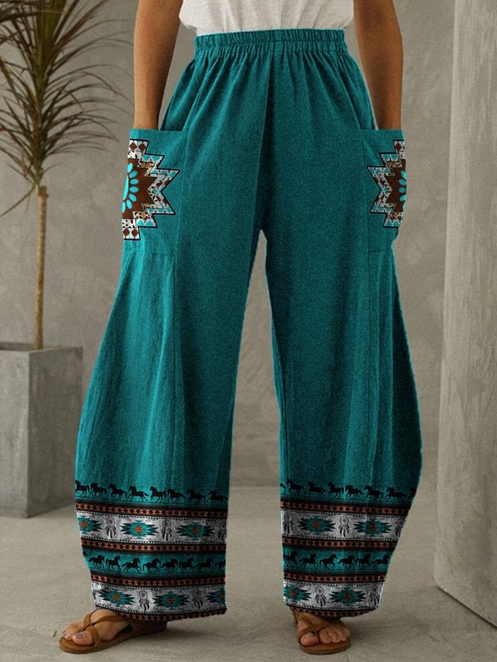 Ethnic Style Turquoise Loose Casual Pants