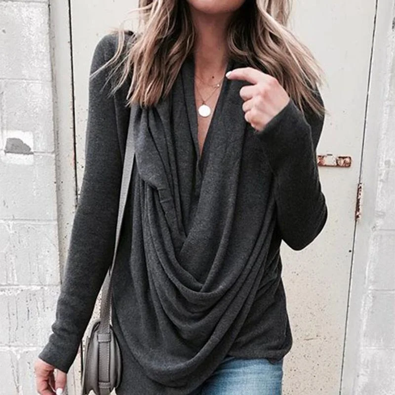 Cowl Neck Asymmetric Hem Pleated Bodice T-Shirts