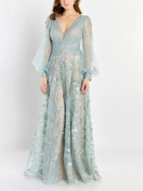 V-Neck Solid Color Lace Mesh Maxi Dress