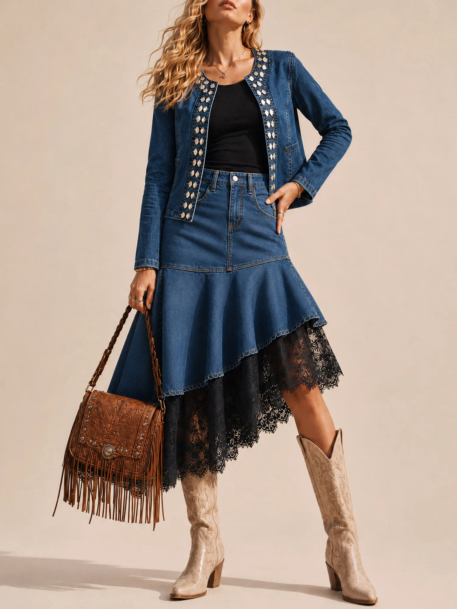 Perfect for Western Music Festivals &mdash; Classic Vintage Blue, Studded Embellishments & Lace Patchwork, Premium Skin-Friendly Denim, 2026 Spring/Autumn Women&rsquo;s Chic Set
