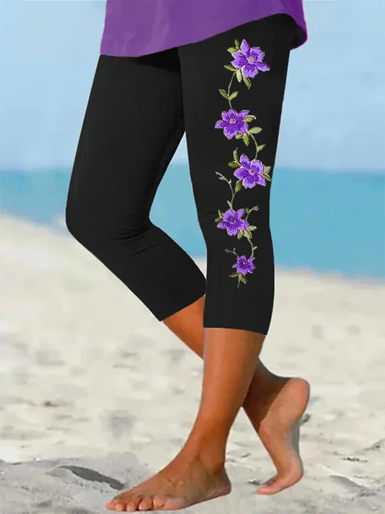 Women's Purple Flower Alzheimer's Awareness Support Cropped Leggings