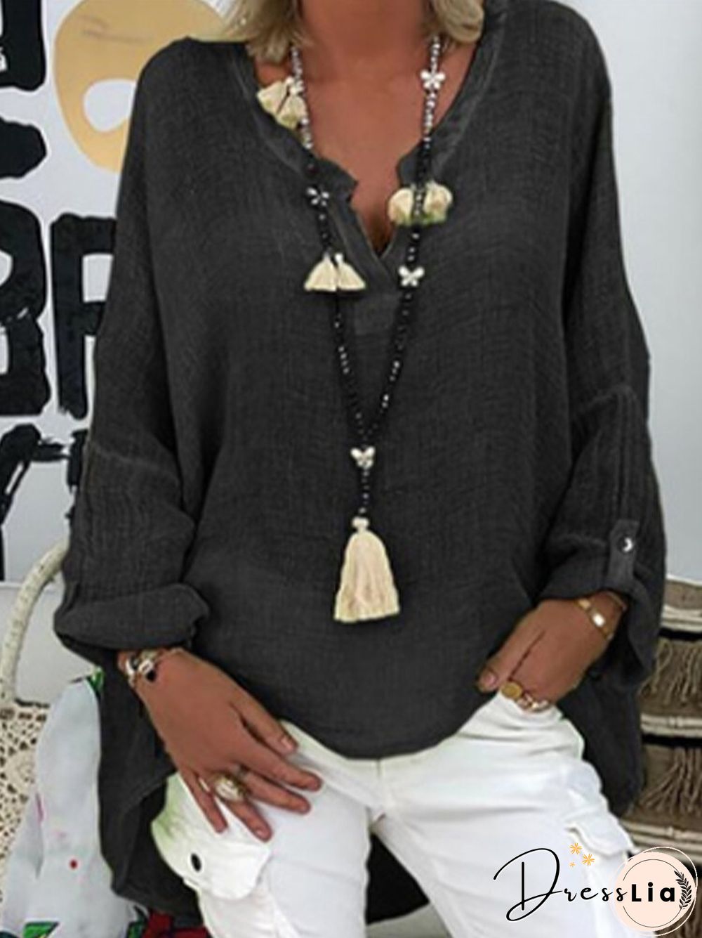 Long Sleeve Solid Color Loose V neck Blouse For Women P1674856