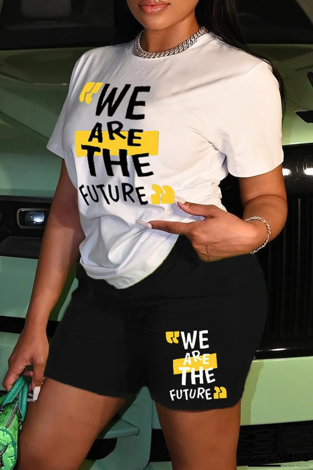 Black Yellow Fashion Casual Print Basic O Neck Short Sleeve Two Pieces | EGEMISS