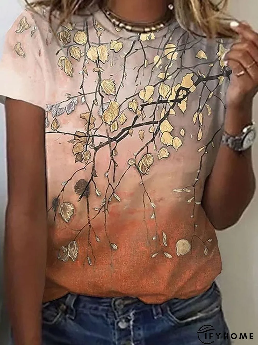 Women's Floral Printed Gradient Crew Neck Short Sleeve Casual T-Shirt | IFYHOME