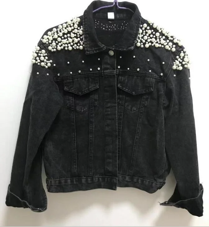 Toloer 2022 Spring Autumn New Nail Bead Short Casual Pearl Loose Thin Jacket Jacket Denim Jacket Female-Outfit Ideas