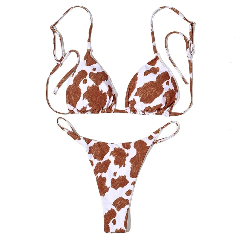 Ztvitality Sexy Bikinis Push Up Bikini 2021 Newest Straps Padded Bra Cow Print Bandage Swimsuit 7556