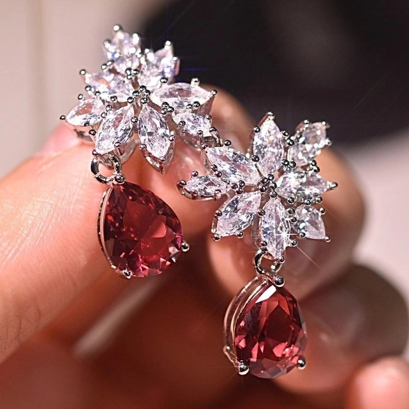 Fashion New Inlaid Water Drop Pear-shaped Red Zircon Copper Earrings