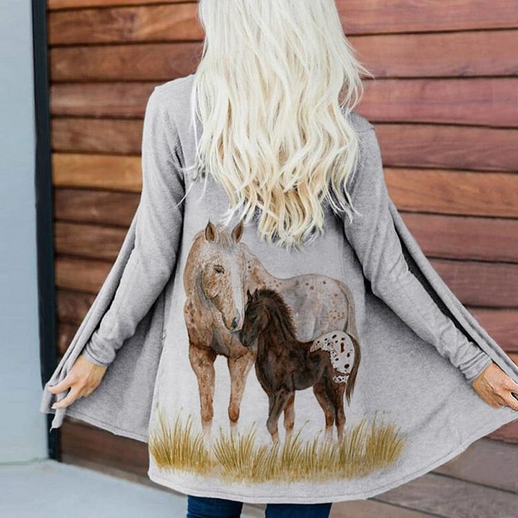 Vefave Western Horse Print Casual Long Sleeve Cardigan