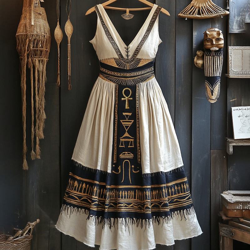 Ancient Egyptian Embroidered Contrast Linen Blend Midi Dress
