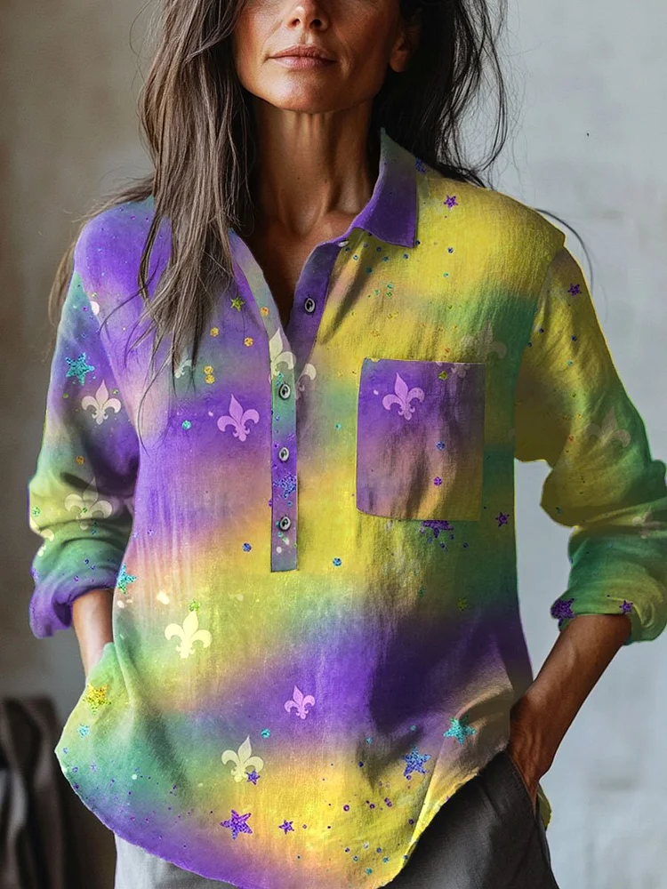 Women's   Mardi Gras  Art Print Casual Cotton And Linen Shirt