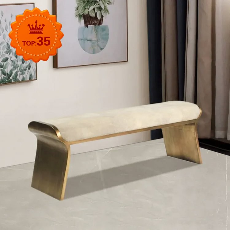 Homemys Beige Modern Velvet Upholstered Stainless Steel Bench
