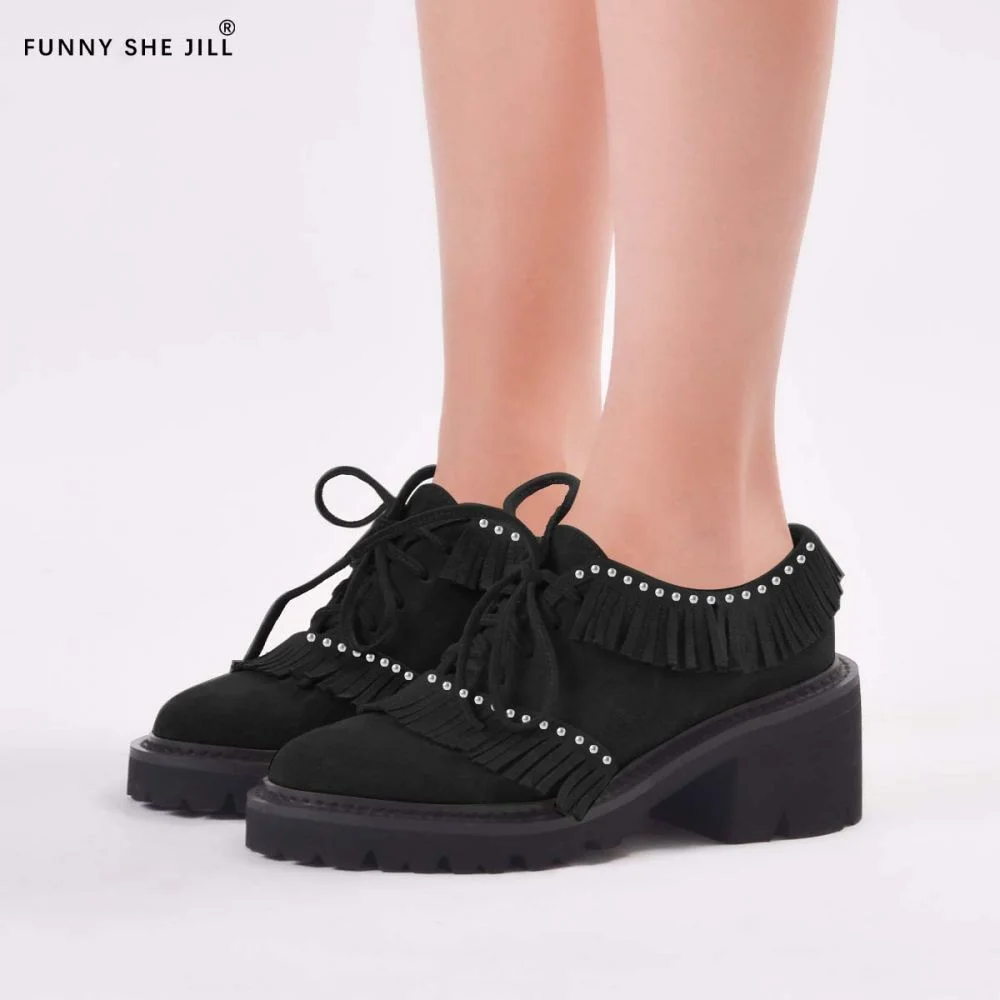 Black Chunky Heel Oxford Tassels Dress Heels Vintage Shoes