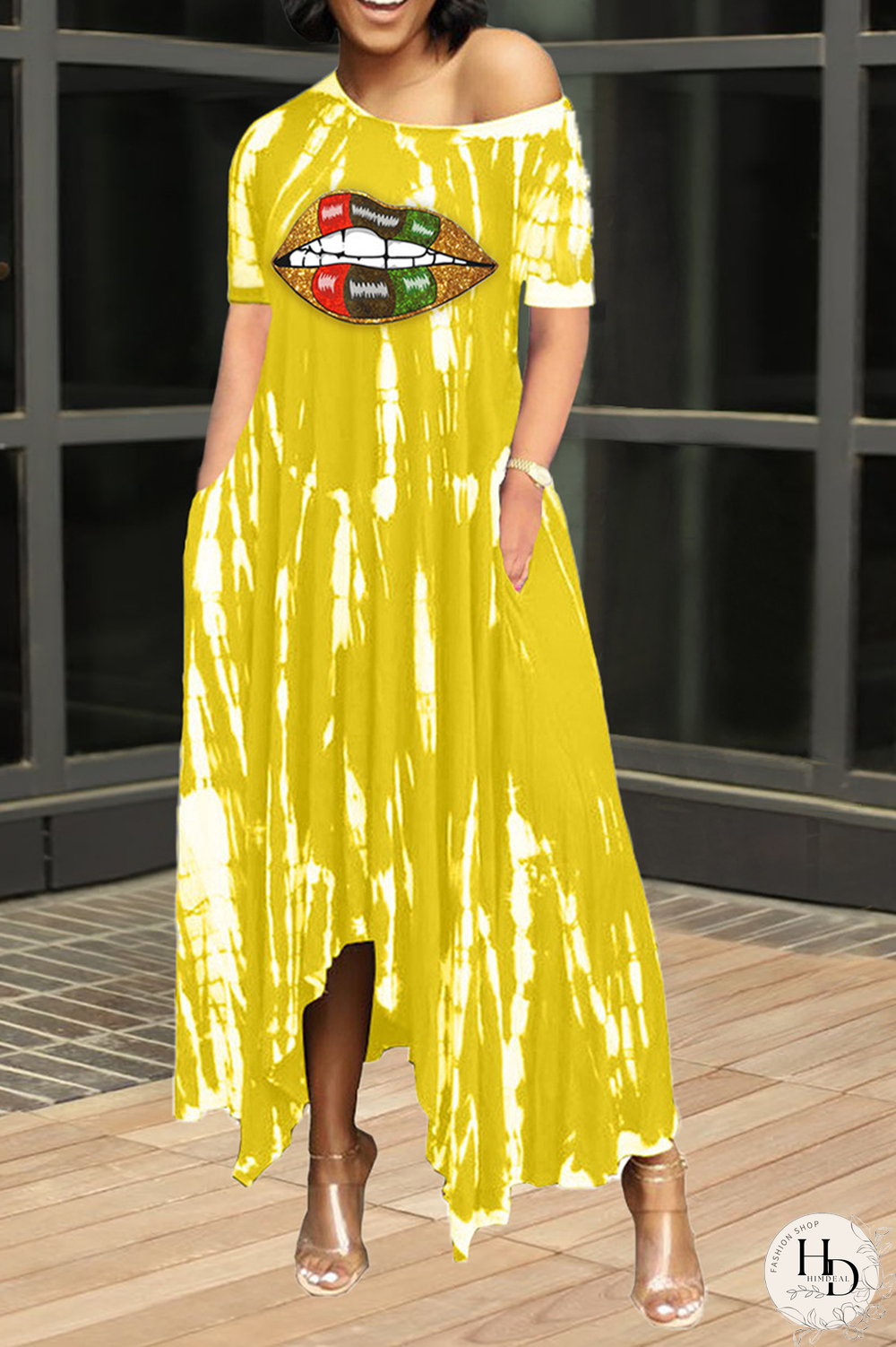 Tangerine Red Casual Print Split Joint One Shoulder Irregular Dress Dresses