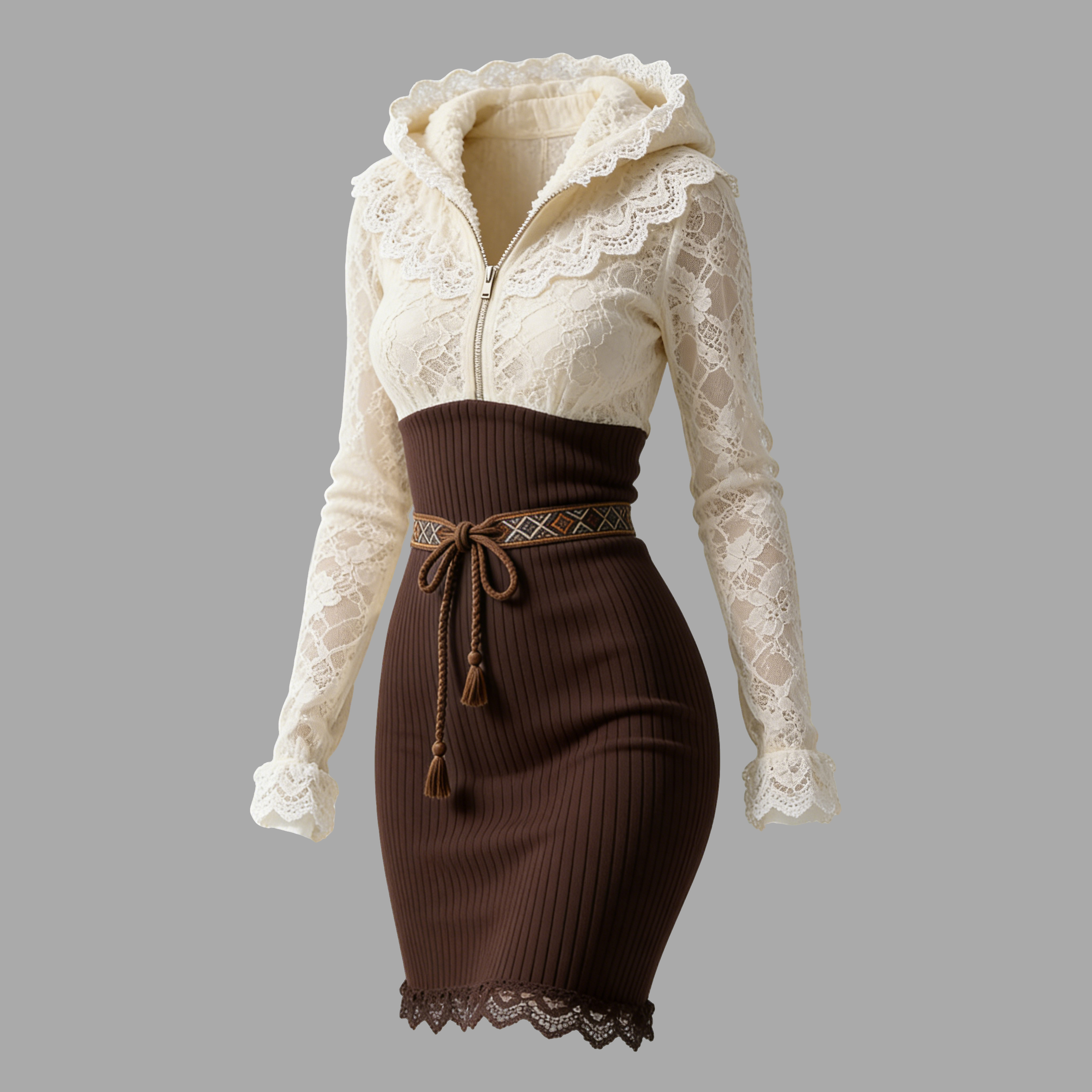 Hooded Denim and White Panel Dress with Belted Waist