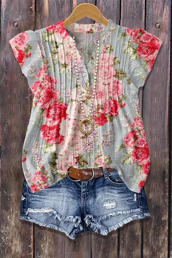 Retro Floral Print Flutter Sleeve Ribbed Top