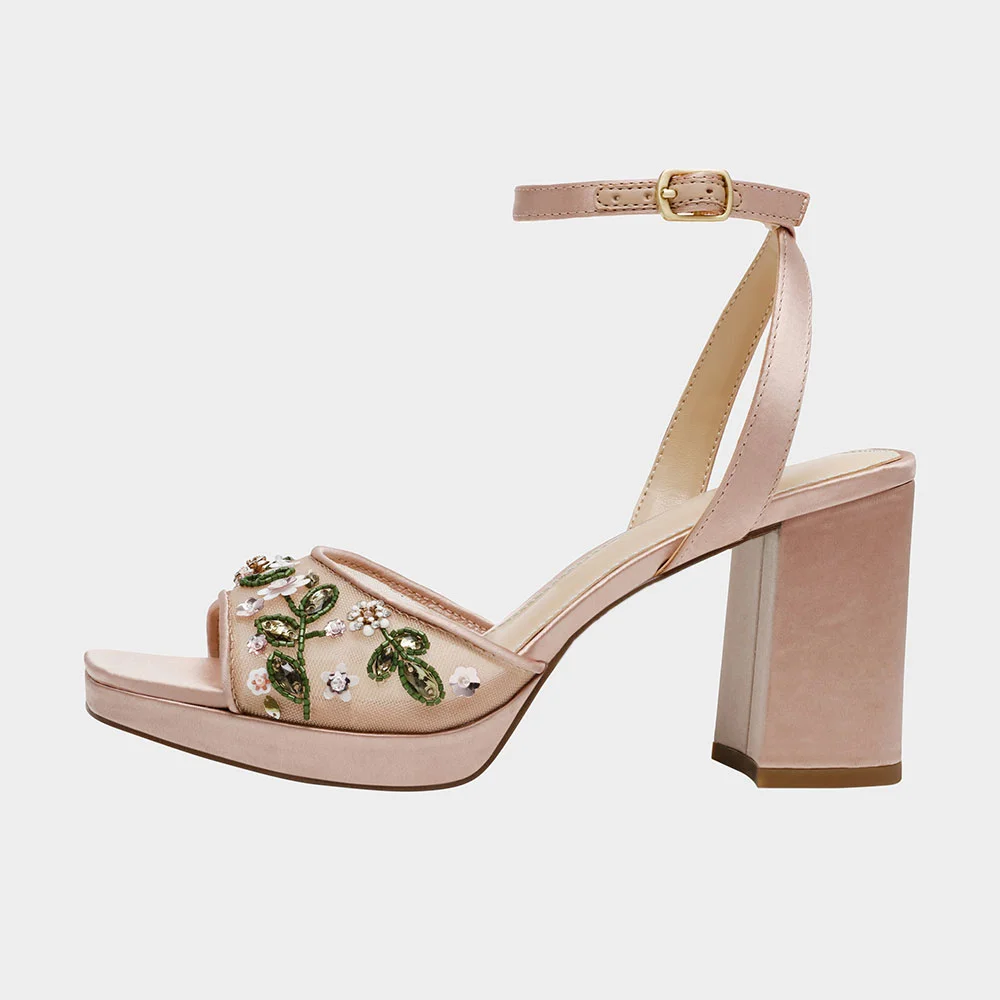 Nude Square Toe Block Heel Floral Ankle Strap Sandals with Platform