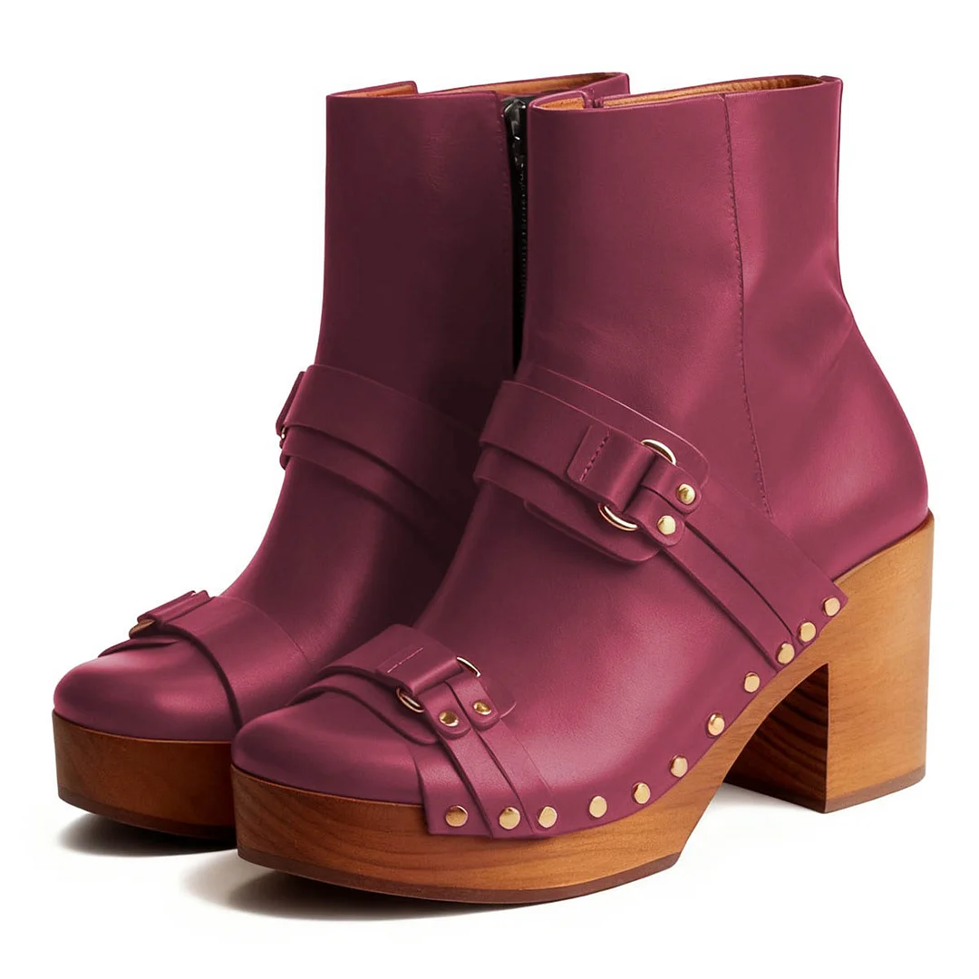 Studded Round Toe Mid Heel Zipper Fuchsia Ankle Platform Boots
