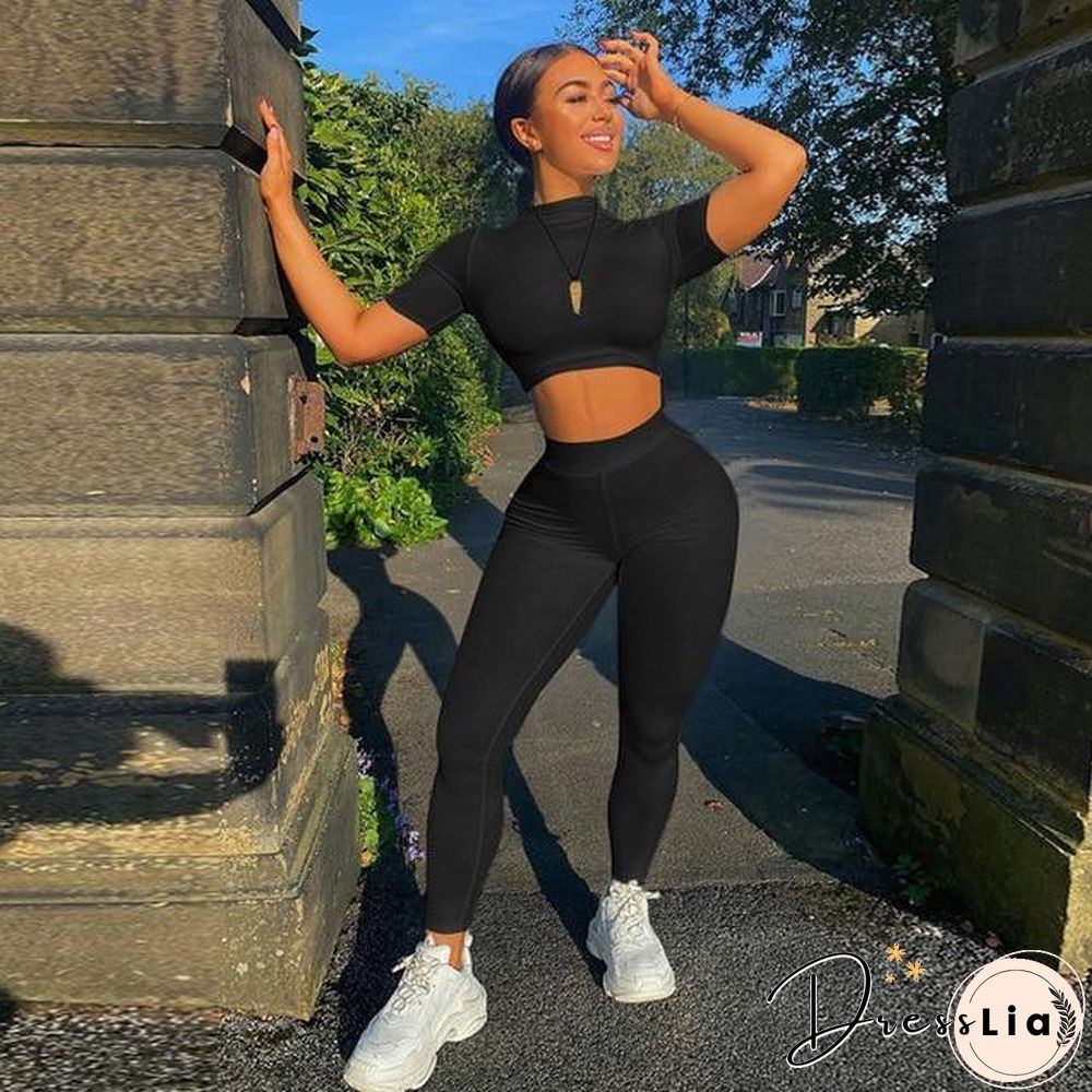 Winter Women Sport Fitness 2 Two Piece Set Outfits Long Sleeve Crop Tops Tshirt Leggings Pants Set Bodycon Tracksuit