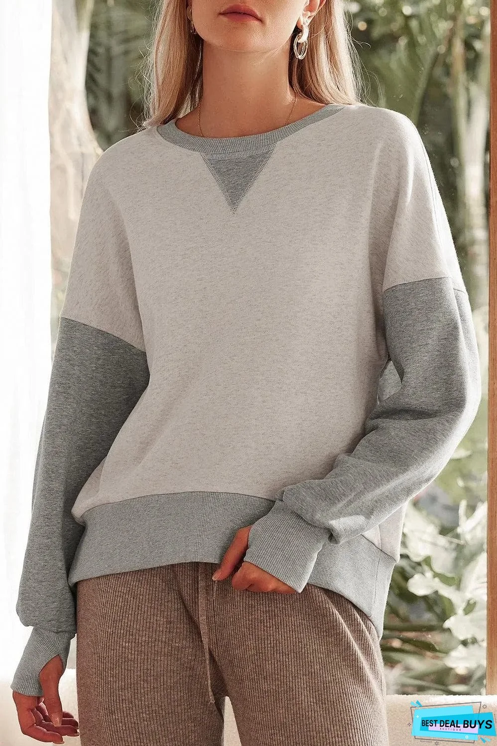 Light Grey Color Block Thumbhole Sleeve Drop Shoulder Sweatshirt