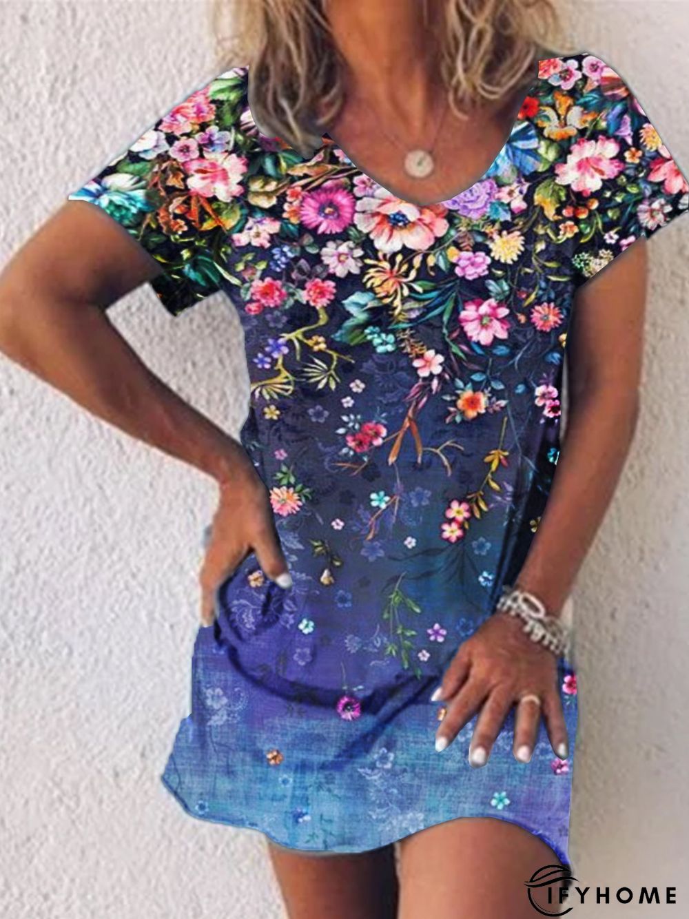 Shift Holiday Floral V Neck Knitting Dress | IFYHOME