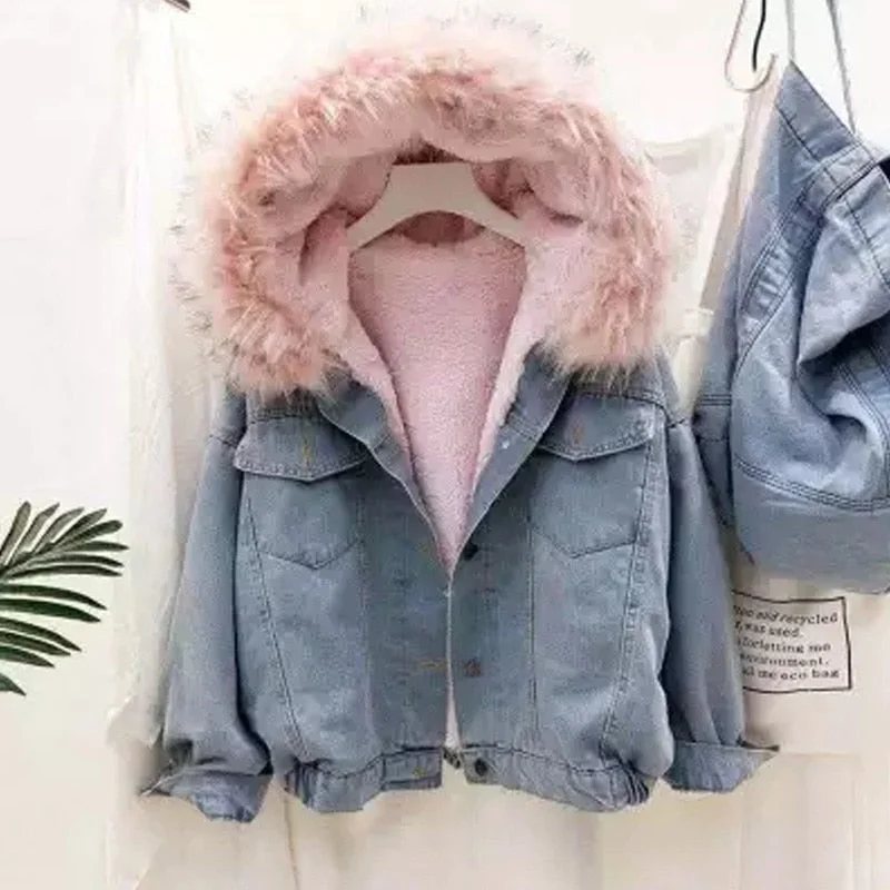 Winter Warm Big Fur Collar Korean Locomotive Lamb Coat Female Solid Student Short Coat Velvet Thick Denim Jacket Female 16760