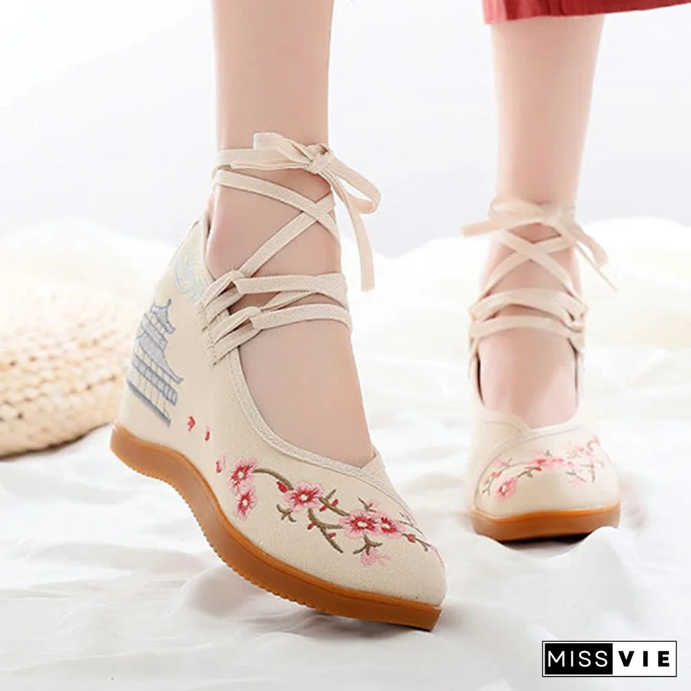 Vintage Blossom Embroidery Lace Up Flats Shoes