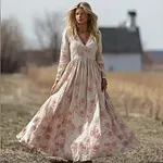 Vintage Boho Roses Pattern Comfy Linen Maxi Dress - Image 2
