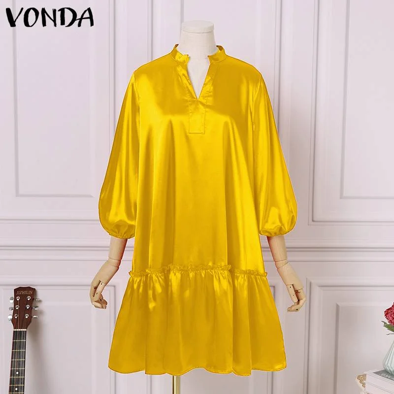 VONDA 2022 Summer Women Lantern Sleeve Mini Dress Sexy V Neck Solid  Holiday Robe Bohemian Party Vestido Loose Baggy Sundress