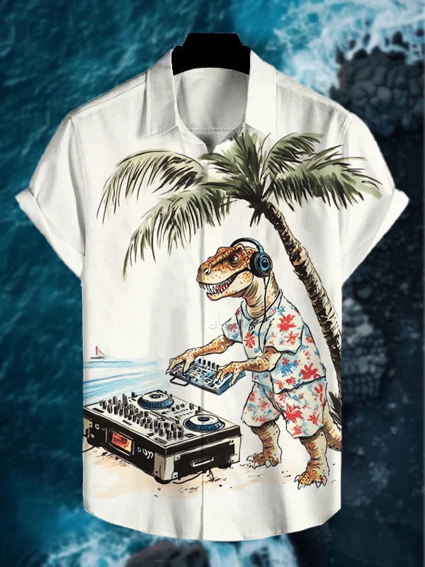 Men's Dinosaur DJ A Palm Tree Print Short Sleeve Shirt
