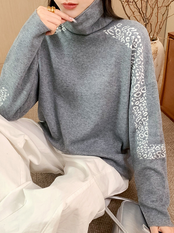 Long Sleeves Loose Leopard Split-Joint High Neck Pullovers Sweater Tops