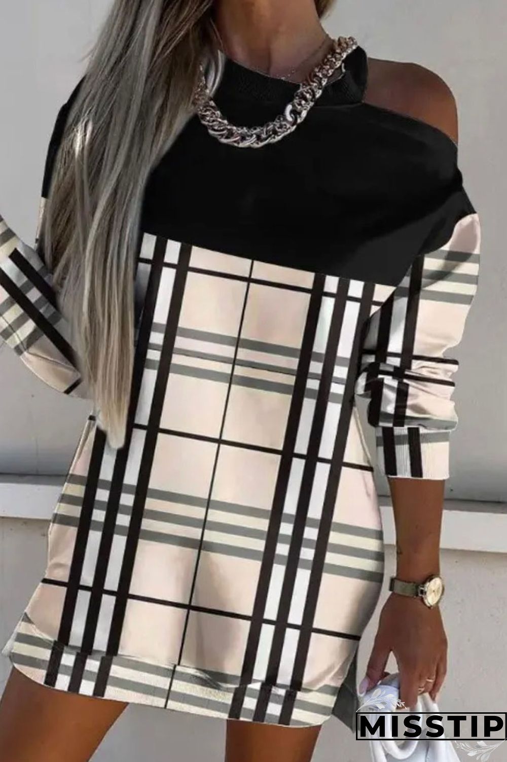 Black khaki Casual Print Hollowed Out Patchwork O Neck Long Sleeve Dresses
