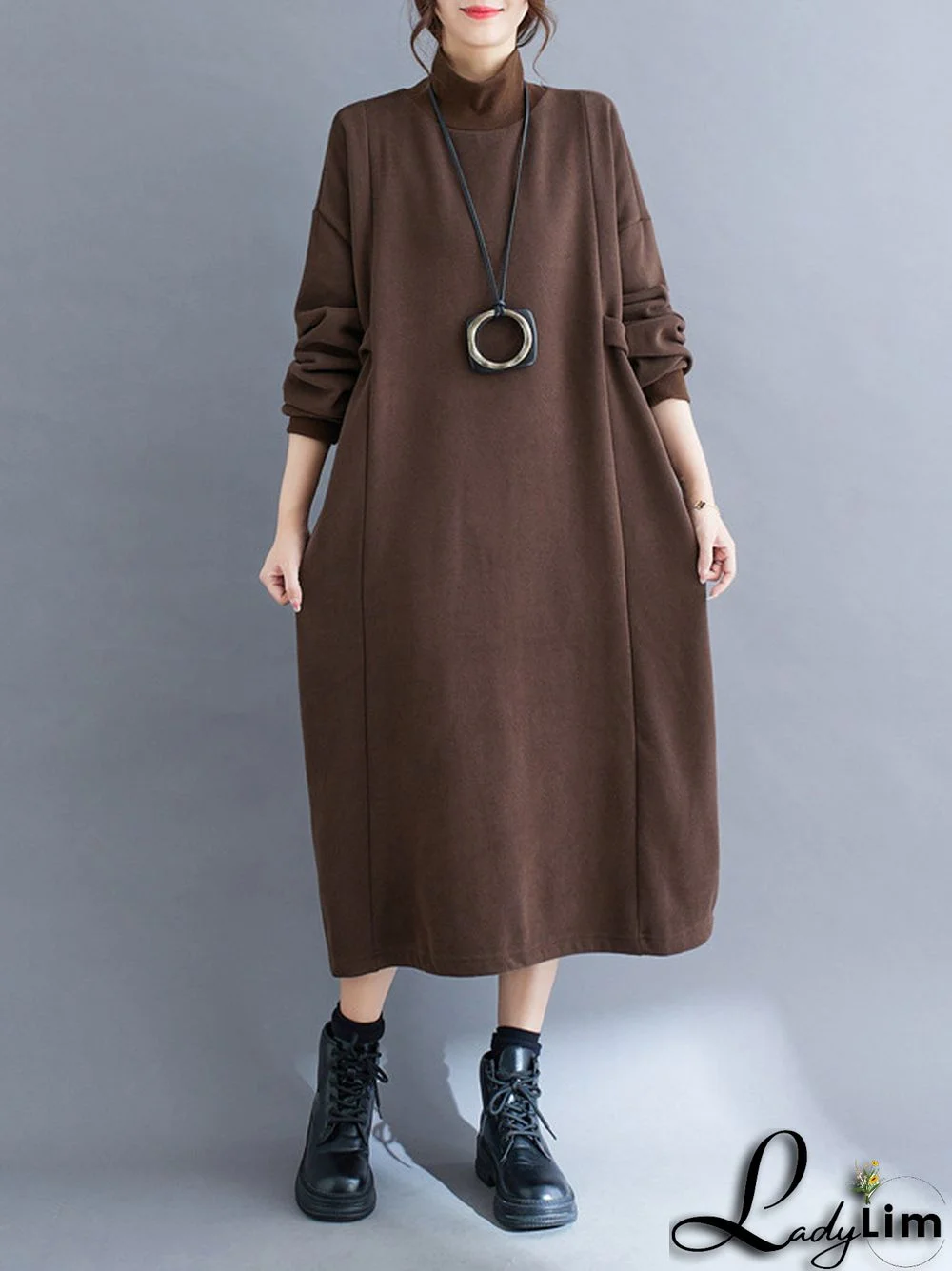 A-Line Long Sleeves Solid Color Mock Neck Midi Dresses