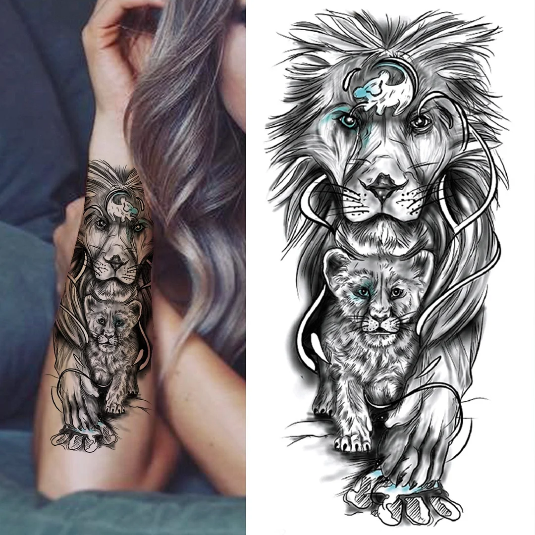 Forest Tiger Temporary Tattoos For Men Women Kids Lion Skull Cross Tattoo Sticker Black Compass Skeleton Tatoos Leg Thigh 1103-1