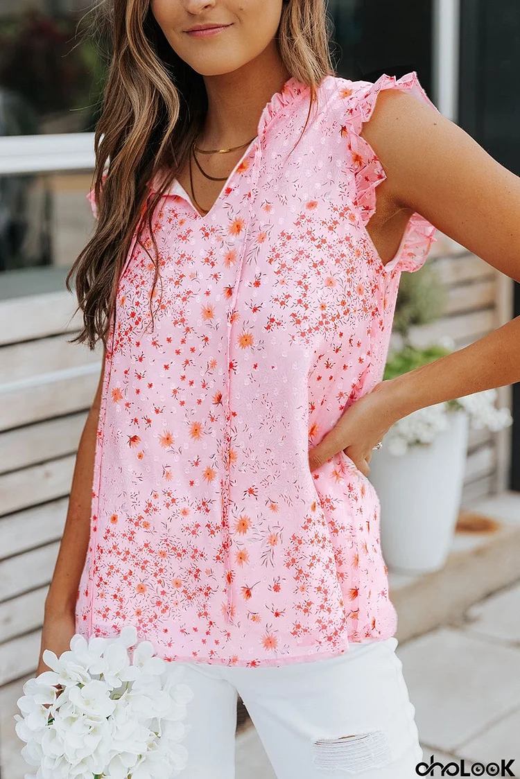 Floral Print Drawstring Frill Trim Sleeveless Top