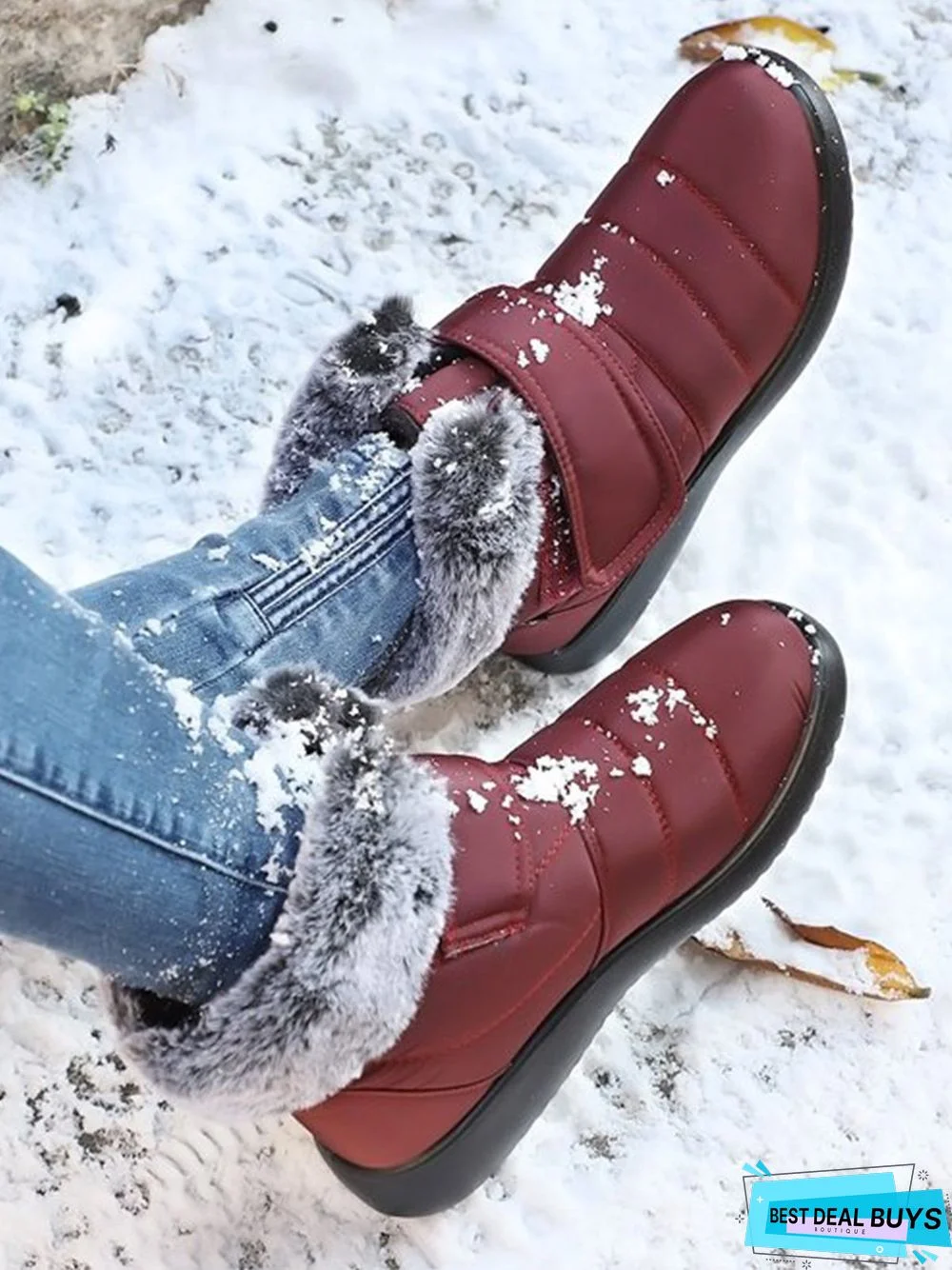 Faux Fur Cuff Snow Boots with Hook and Loop