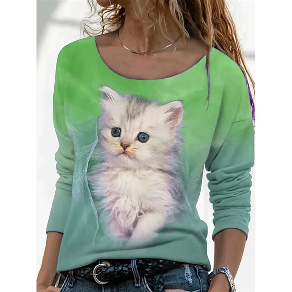 2021 Autumn Long-sleeved Casual Blouse Women Fashion O-neck 3D Cat Printed Pullover Ladies Shirt Vintage Loose Street Top Female