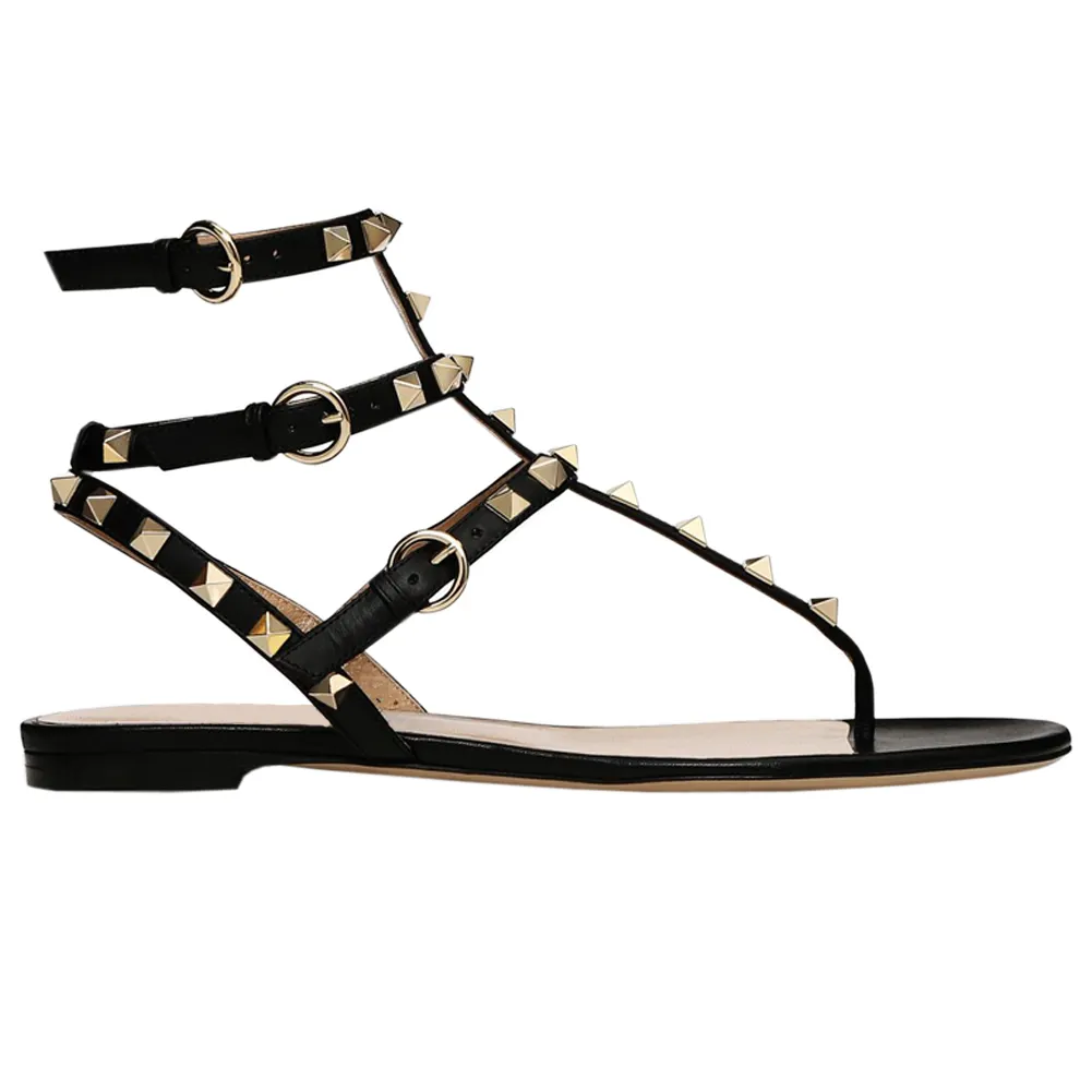 Women's Studded  T-Strap Strappy  Thong  Flats Sandals-vocosishoes