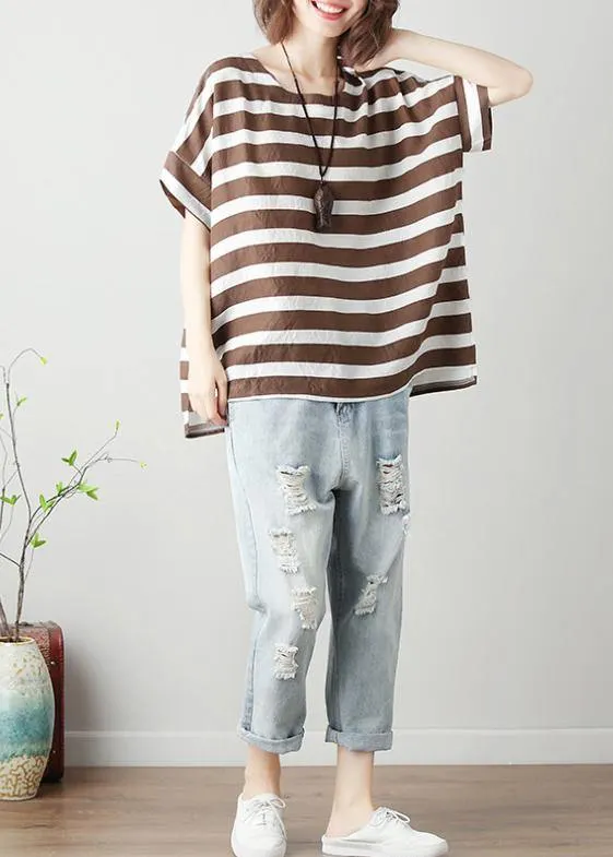 Women o neck Batwing Sleeve cotton tunic top Work chocolate striped shirt