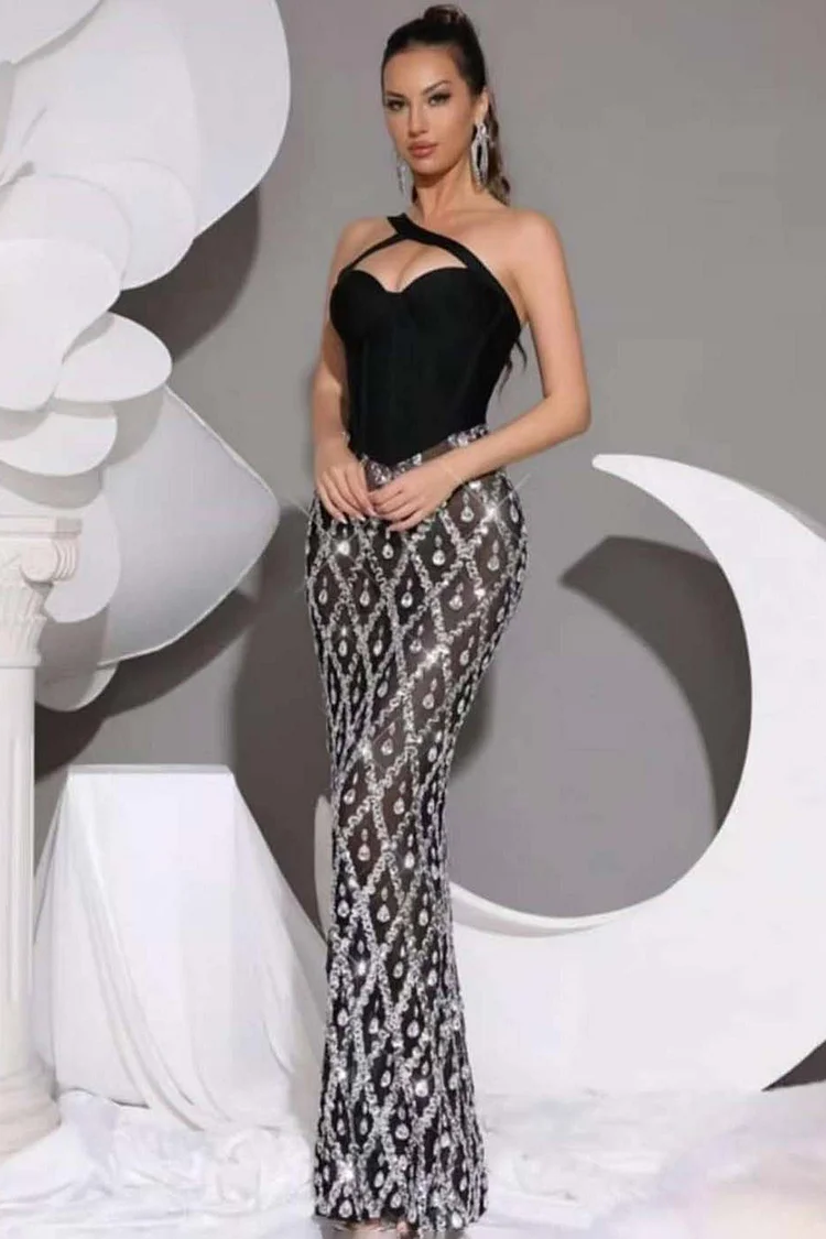 One Shoulder Rhinestone Embellished Mesh Maxi Dress-Black
