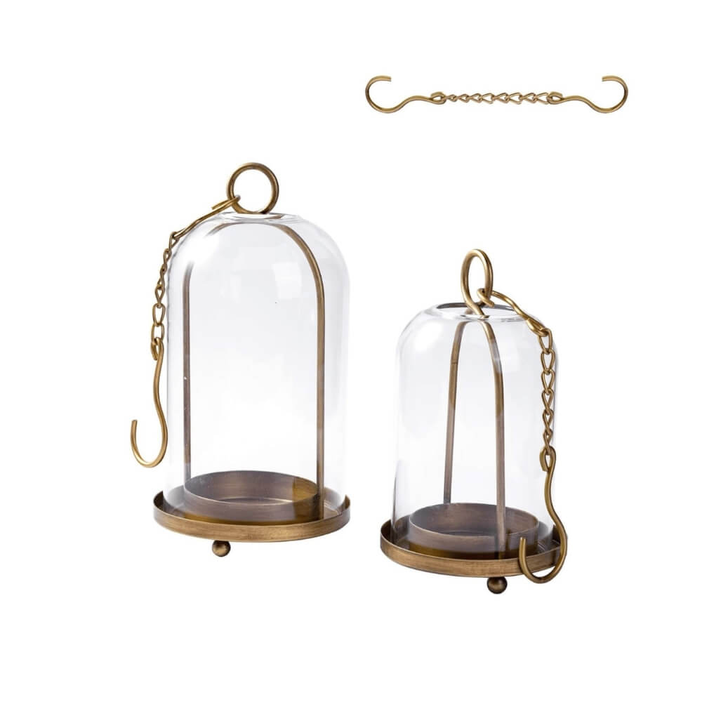 Vintage Brass Glass Candle Lantern Set (2 PCS)