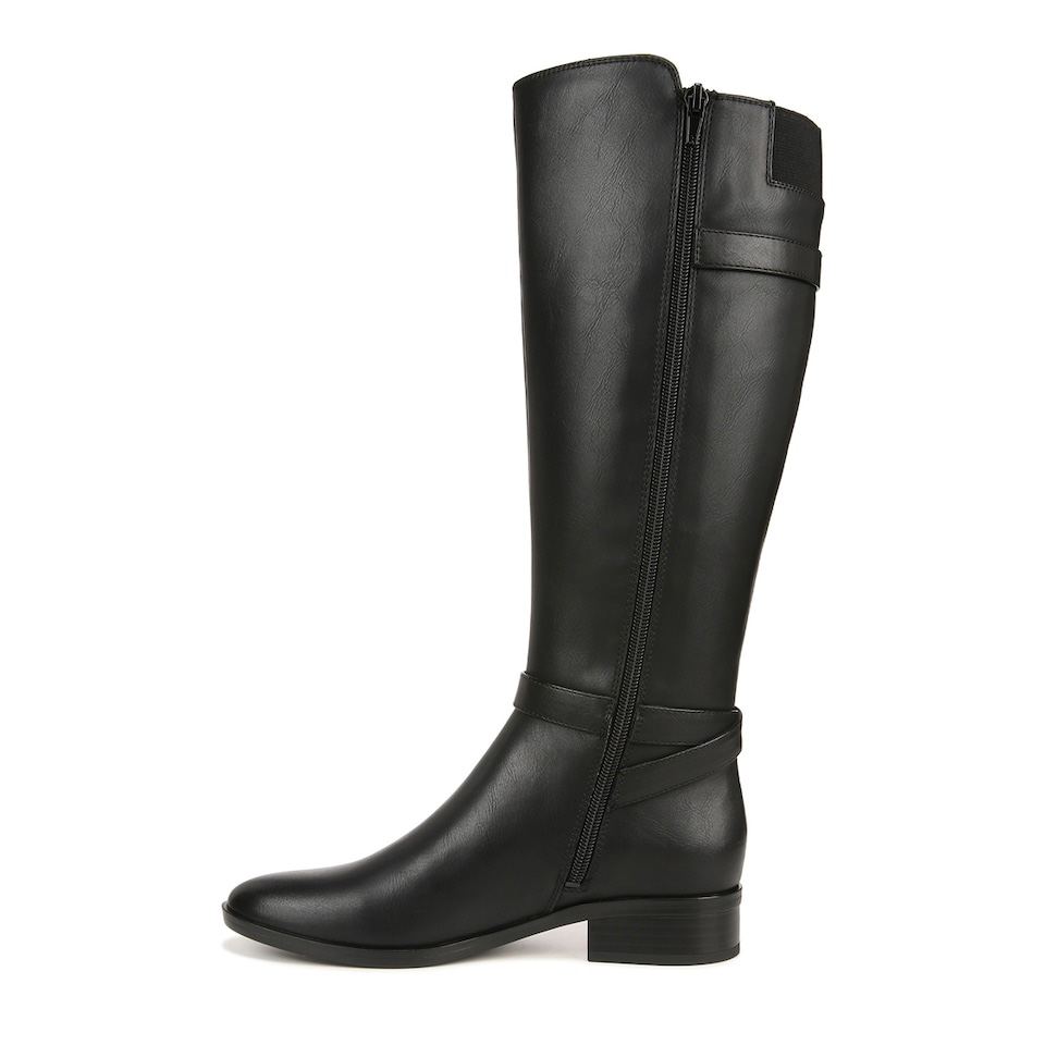 Classic Round Toe Buckle Strap Low Heel Knee High Boots in Black