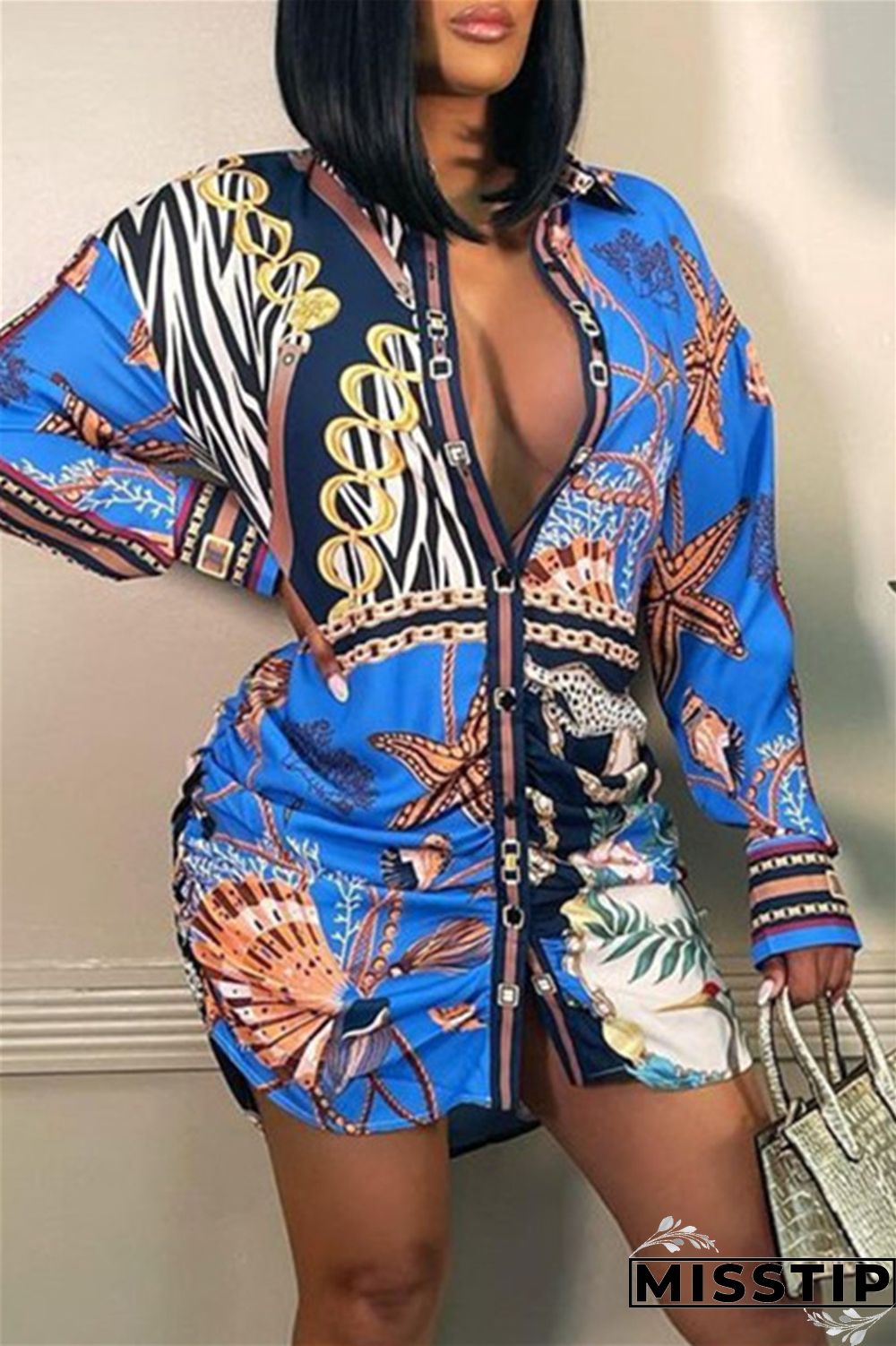 Blue Casual Print Fold Turndown Collar Long Sleeve Dresses