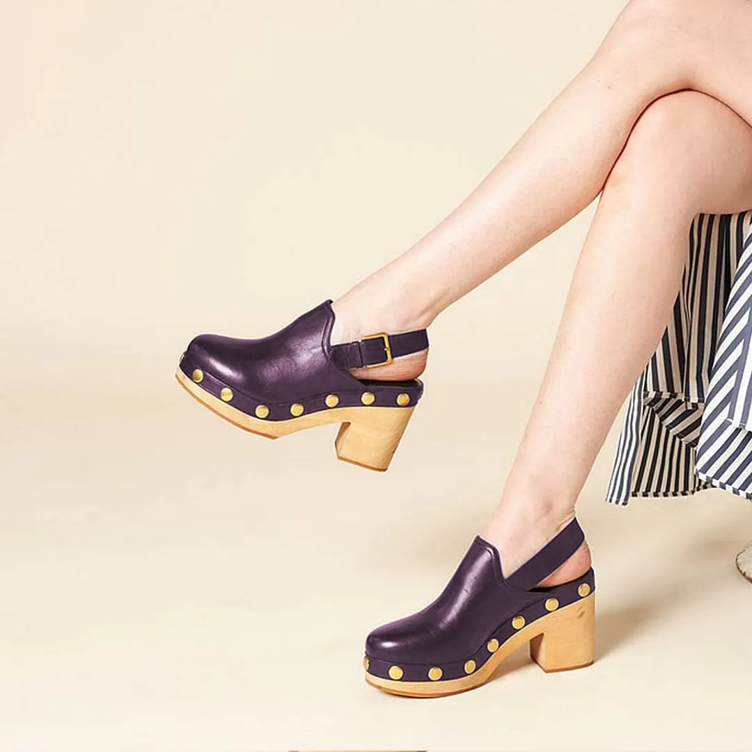 Purple Round Toe Chunky Heel Studded Slingback Platform Heels