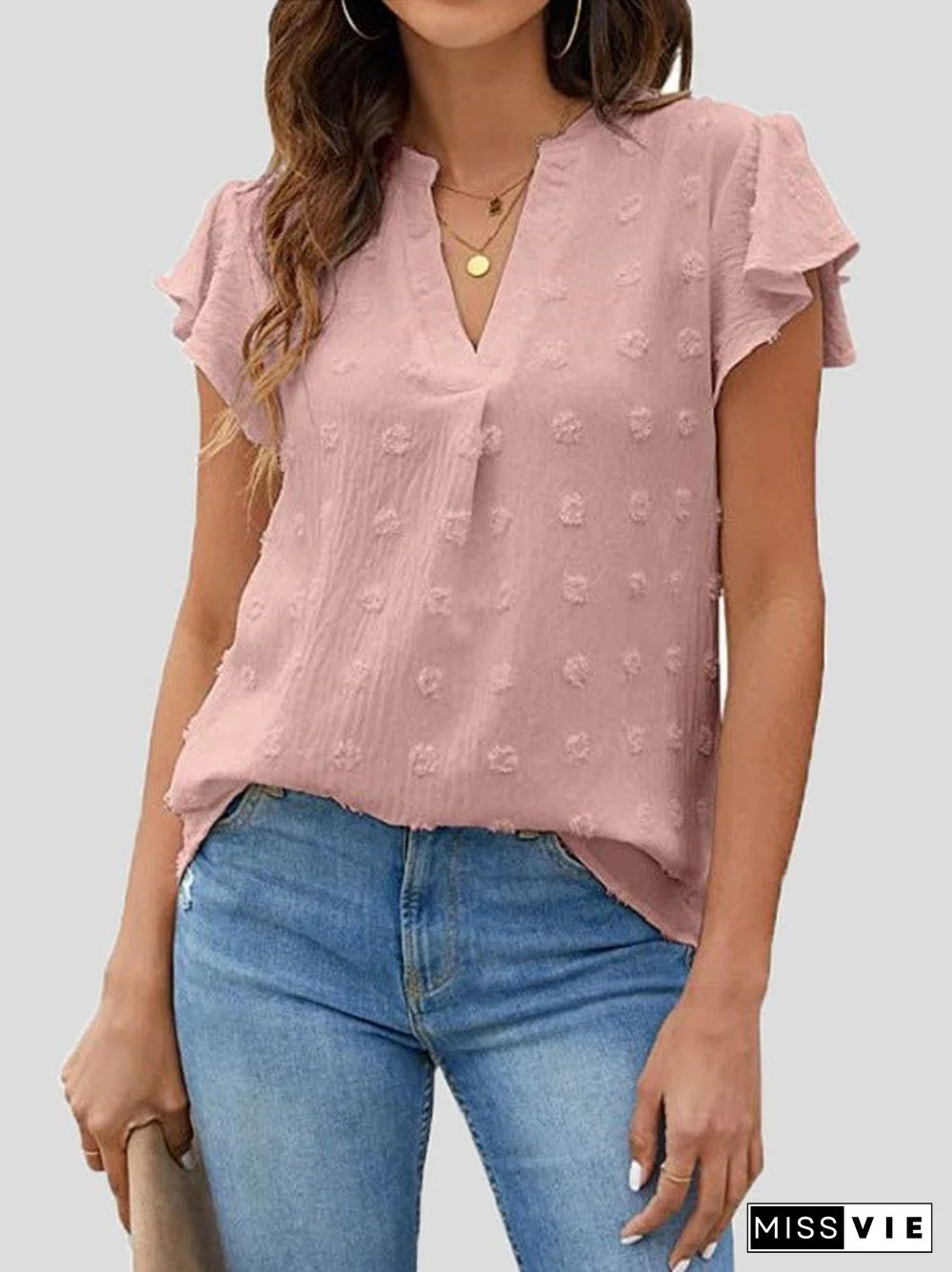 Women'S T-Shirts Dot Ruffle Sleeve V-Neck Chiffon T-Shirt