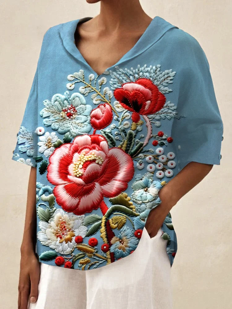 Women's Lapel Floral 3D Print Top