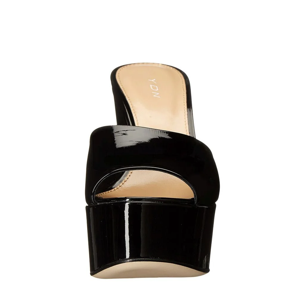 Patent Leather Round Toe Wide Band Wedge Heel Platform Mules in Black