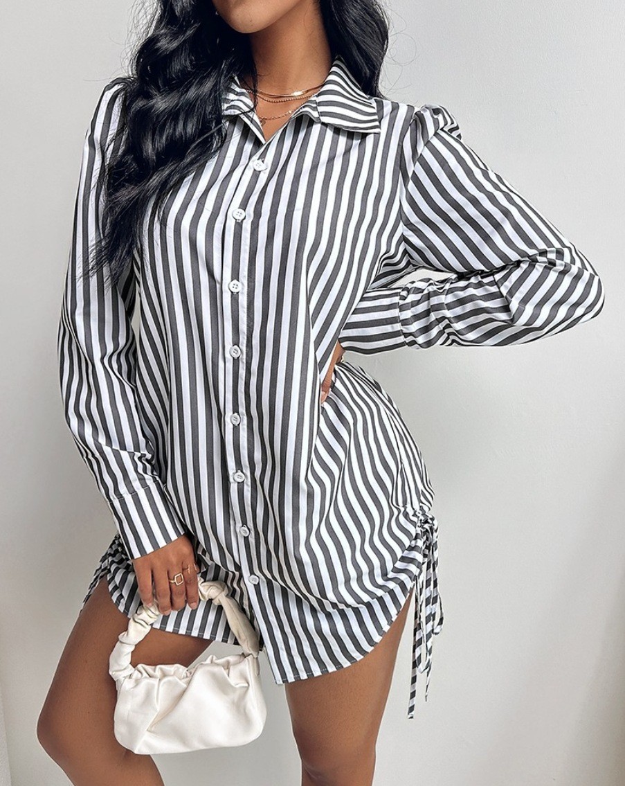 Lady Casual Blouse Dress Lapel Women'S Loose Large Size Dress With Side Drawstring Casual Wraps Striped Printed For Women